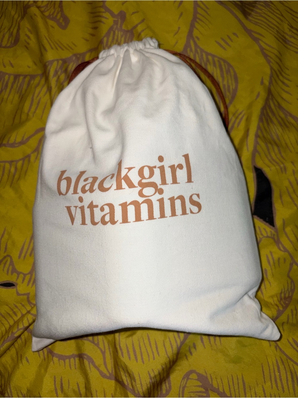 Black Girl Vitamins Canvas Drawstring Bag - Cream with Tan Print